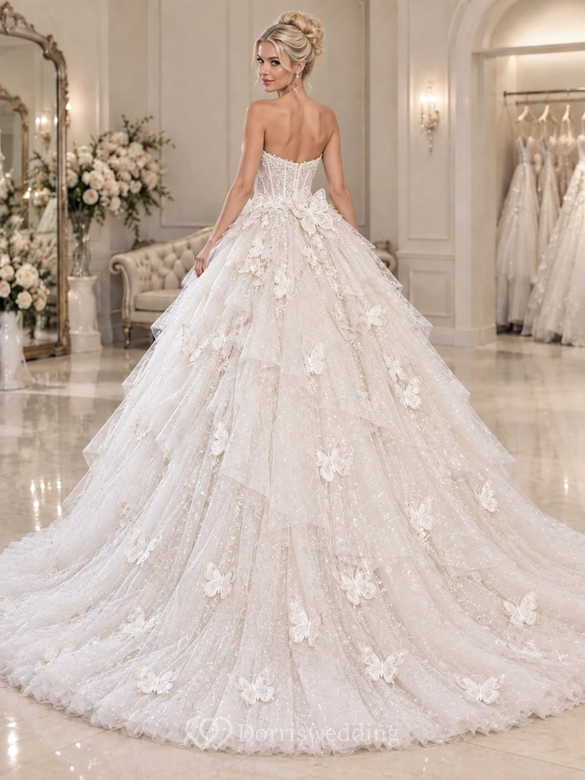 Strapless Sweetheart Wedding Ball Gown with Oversized Butterfly Appliques and Glittering Tulle Layers view 2