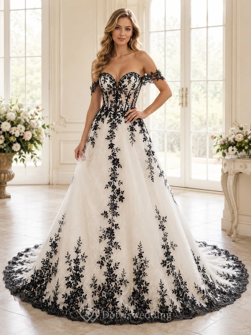 Vestido de novia bohemio romántico elegante con hombros descubiertos y estampado floral, corte en A.
