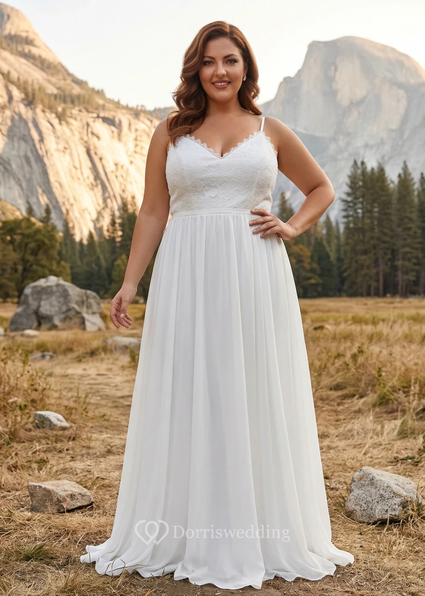 Plus Size Lace Bodice Chiffon Wedding Dress with Spaghetti Straps