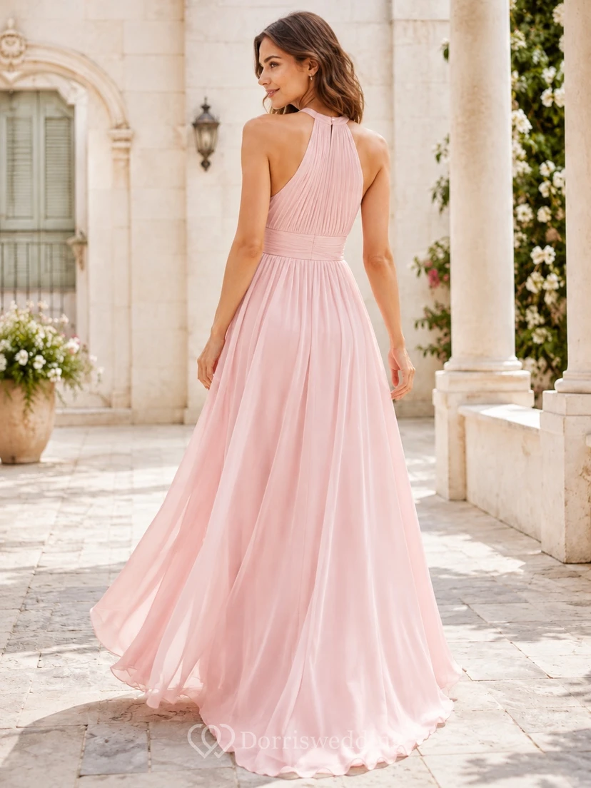Blush Chiffon A-Line High Neck Halter Floor-Length Split Dress view 2
