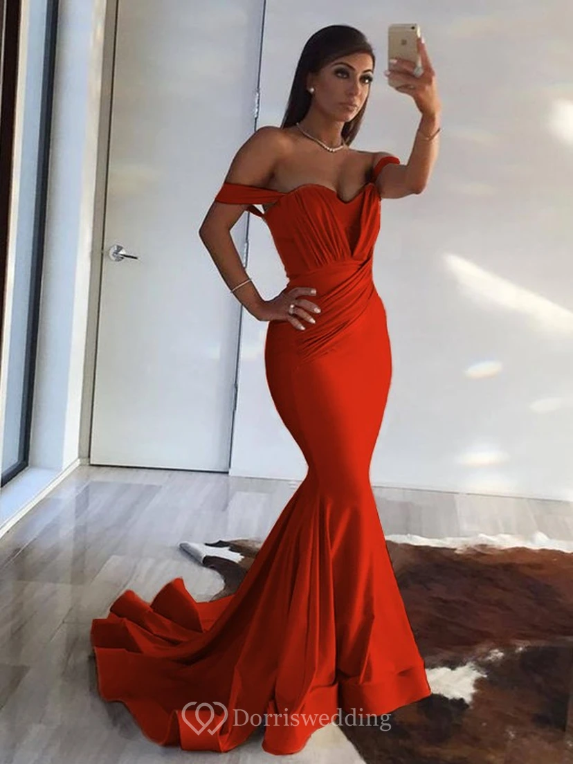 Sexy Mermaid Off-the-shoulder Sheath Champagne Ruched Evening Prom Dress view 15