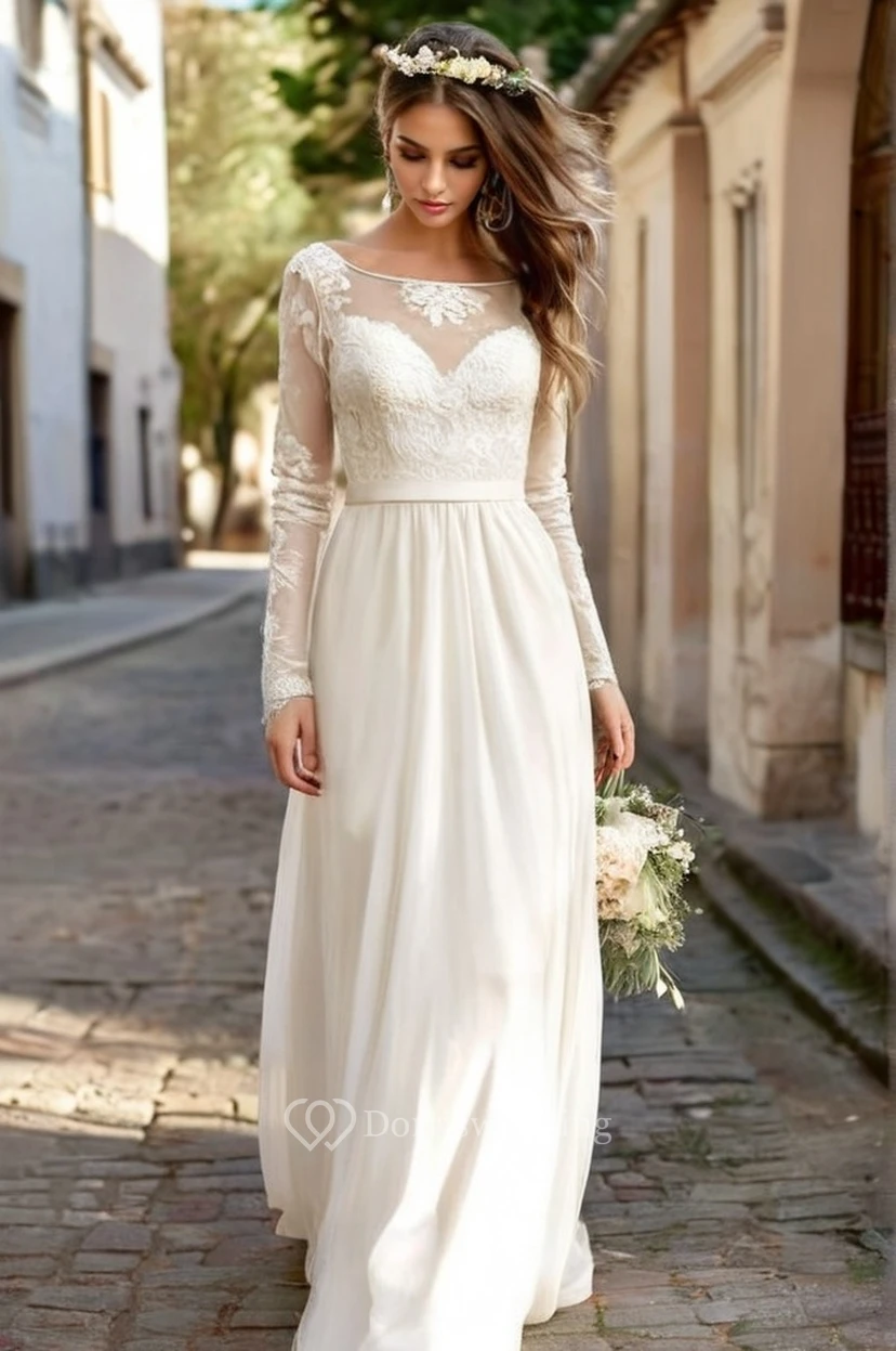 Schlichtes Brautkleid aus Chiffon mit Empire-Schnitt, langen Ärmeln und Rundhalsausschnitt sowie Spitze