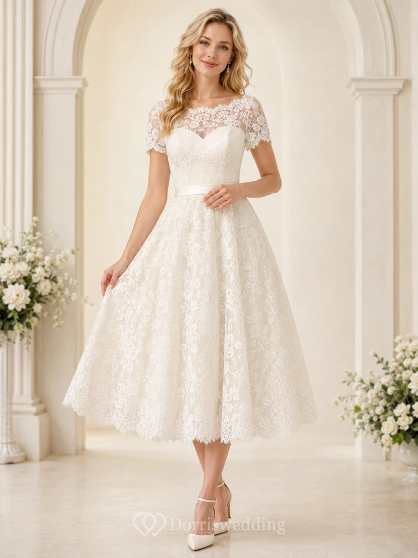 Vestido de novia romántico vintage de encaje floral con mangas cortas y escote barco, largo hasta la rodilla, estilo jardín.