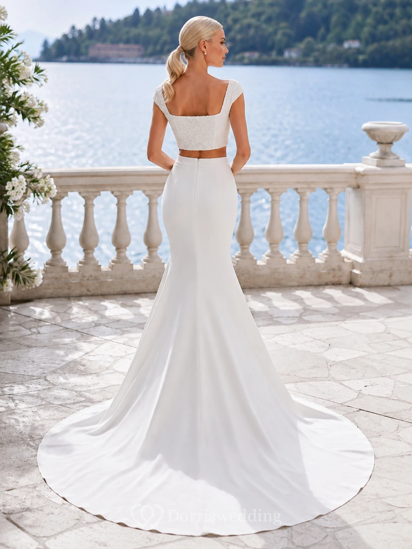 Modern Square Neck Satin Two Piece Wedding Mermaid Short Sleeve Court Train view 2