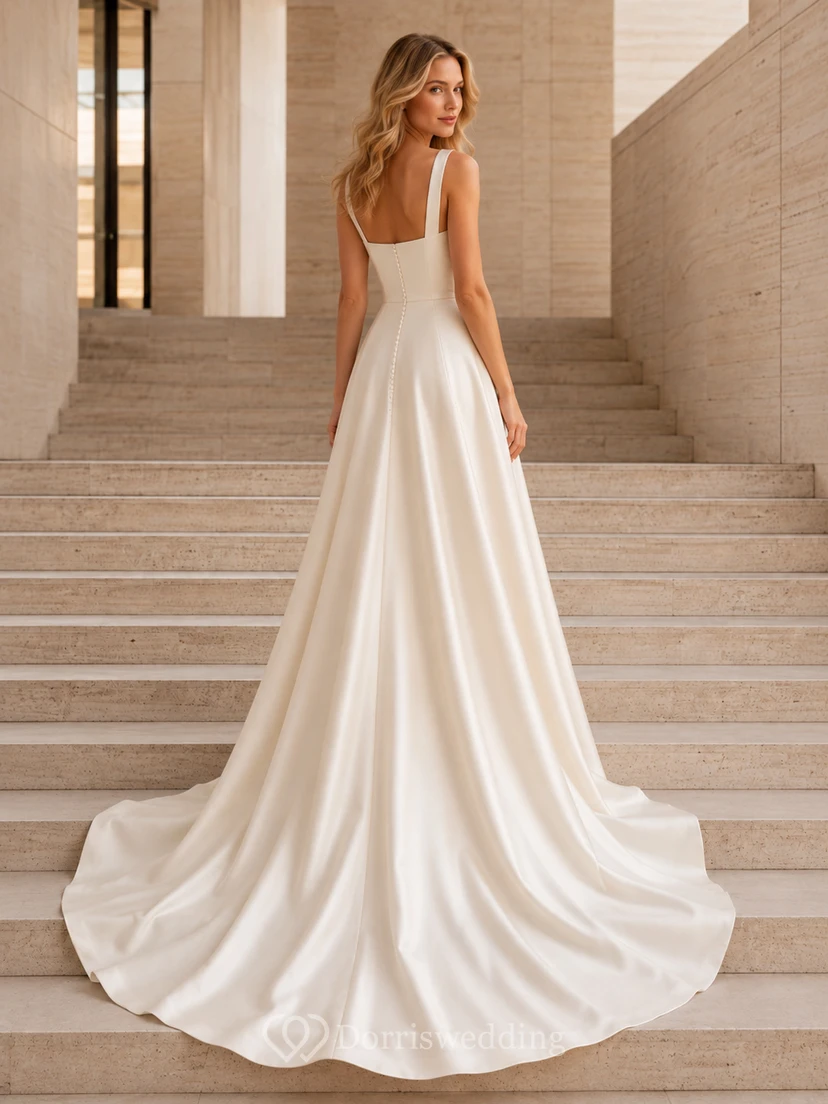 Champagne Square Neck Satin A-Line Architectural Bridal Gown view 2