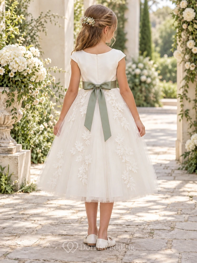 Tea-length Ivory A-line Lace Tulle Cap-sleeve Green-sash Appliqued Flower Girl Dress view 2