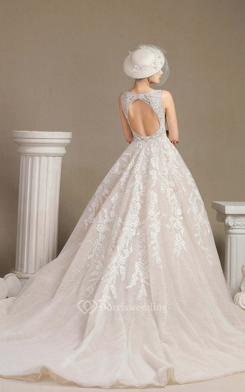 Vintage Plunging V-neck Keyhole Sleeveless Ballgown A Line Wedding Dress With Lace Appliques And Ruching view 2