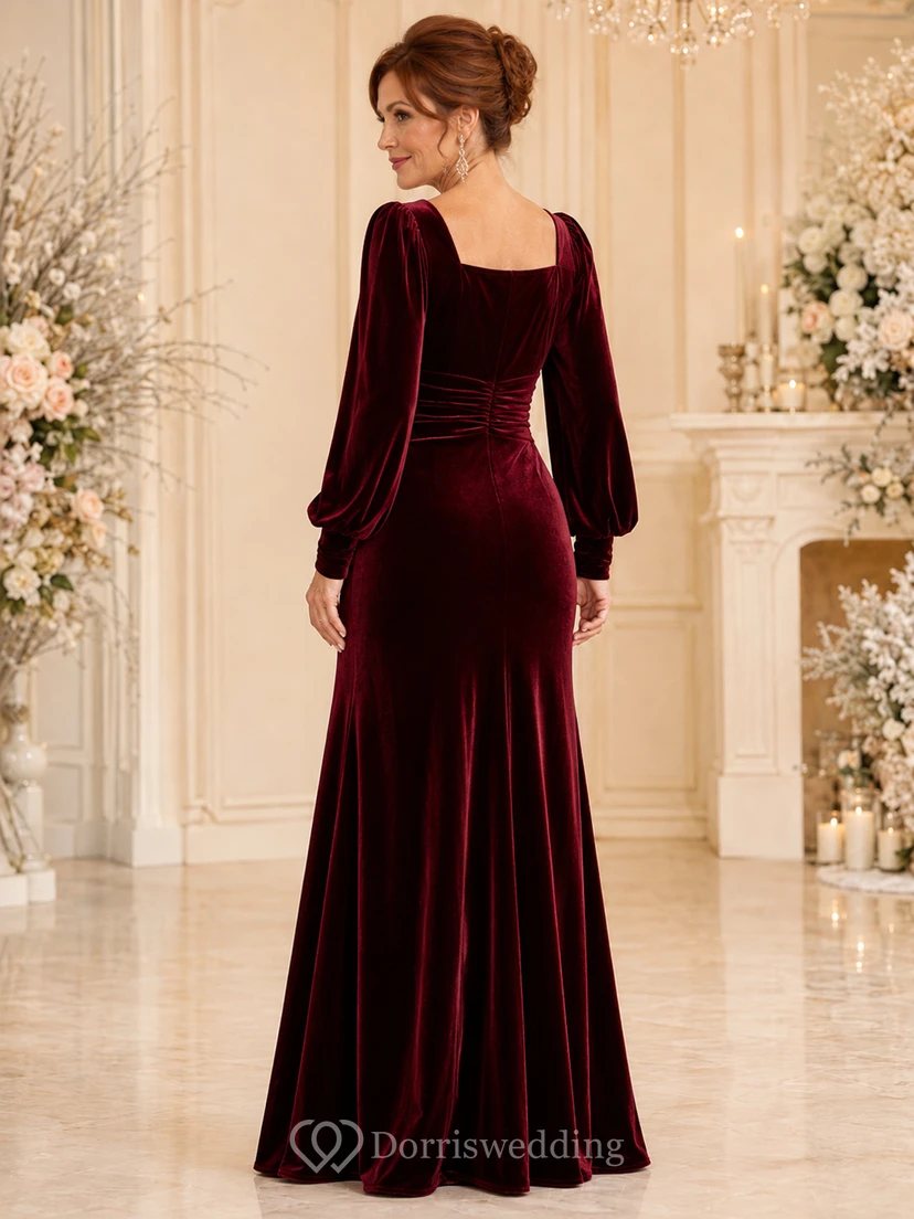 Burgundy Velvet Floor-Length Mermaid Modern Mother of the Bride Winter Gown with Square Neck Long Puff Sleeves and Flared Hem view 2