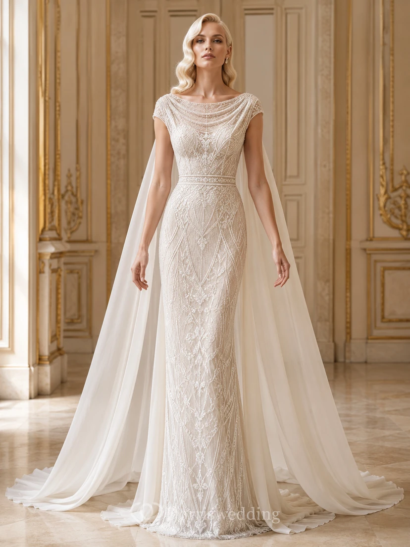 Robe de mariée fourreau en dentelle perlée à manches courtes et traîne courte, style cape, avec traîne courte et ourlet bateau.