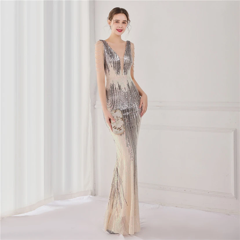 Vestido largo de lentejuelas con cola de pez, ideal para eventos, banquetes, eventos de celebridades y eventos de moda. Vestido de noche con etiqueta para modelos de automóviles. view 41