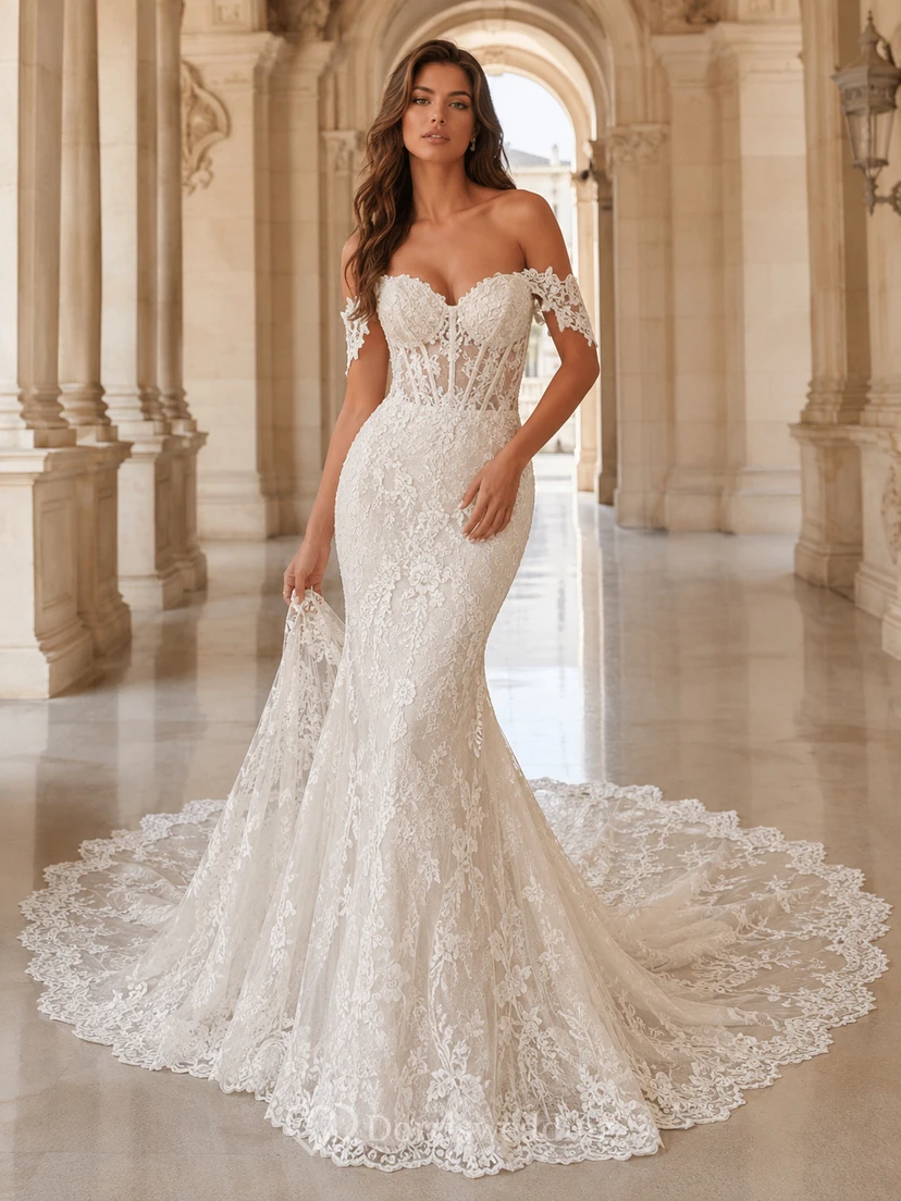 Robe de mariée courte sirène en dentelle romantique, épaules dénudées, appliques cathédrale et fermeture éclair raffinée au dos