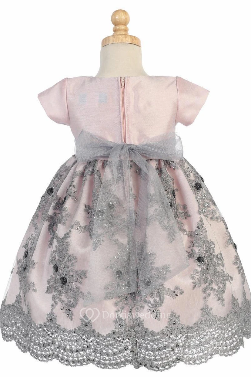 Tea-Length Embroideried Floral Tulle&Sequins Flower Girl Dress With Sash view 2