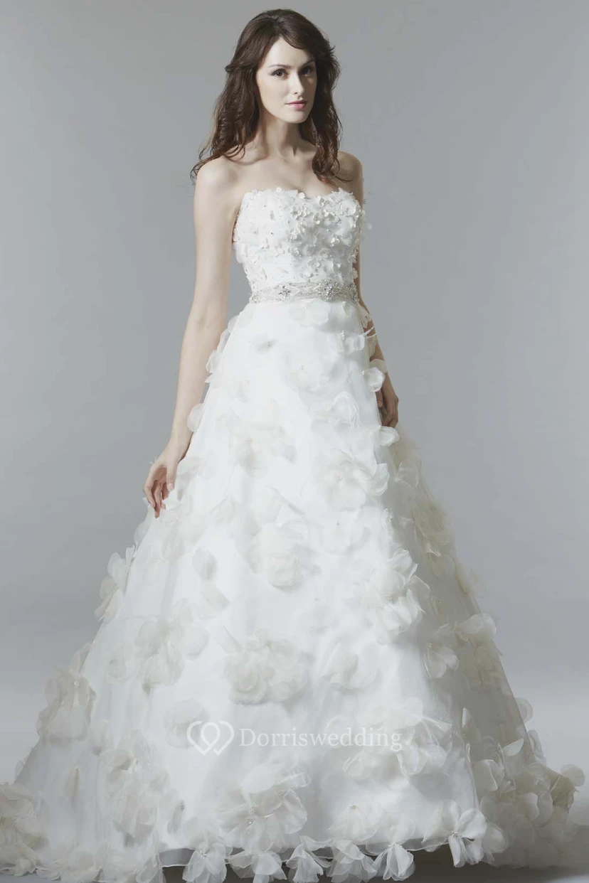 A-Line Sleeveless Floral Long Strapless Satin Wedding Dress With Low-V Back And Waist Jewellery