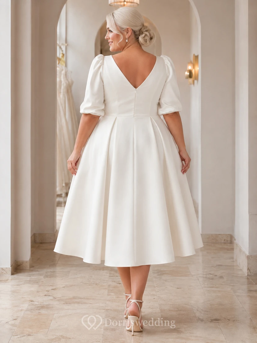 Vestido de novia vintage de satén con escote en V y mangas abullonadas, talla grande, largo hasta la rodilla view 2