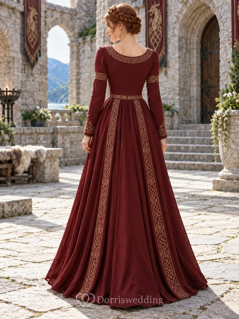 Viking Burgundy Queen Anne Long Sleeve Embroidered A-line Bridesmaid Gown view 2