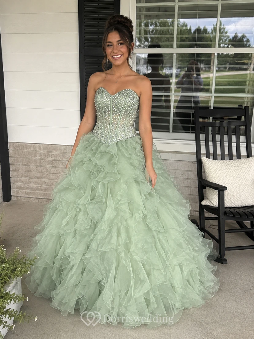 Ball Gown Floor-Length Bell Beading Ruffles Corset Back Lace Organza Dress view 9