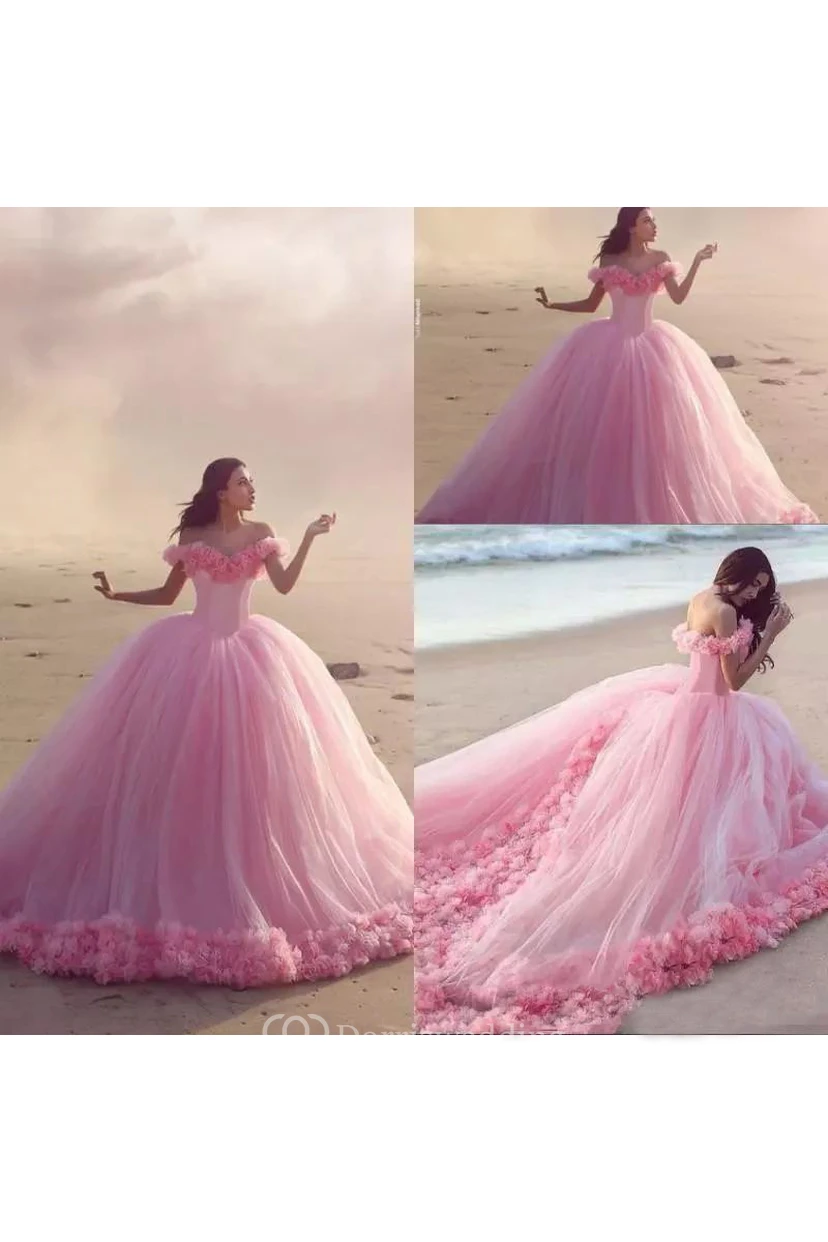 Off-the-shoulder Cap Short Sleeve Cathedral Train Tulle Ball Gown Dress view 2