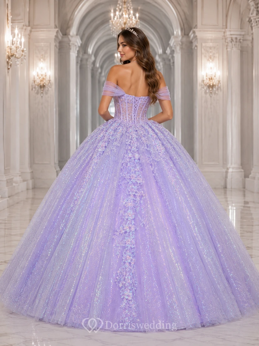 Robe de bal de princesse lilas de luxe à épaules dénudées en tulle à paillettes holographiques et épaules dénudées, ornée de paillettes holographiques, pour quinceañera view 2