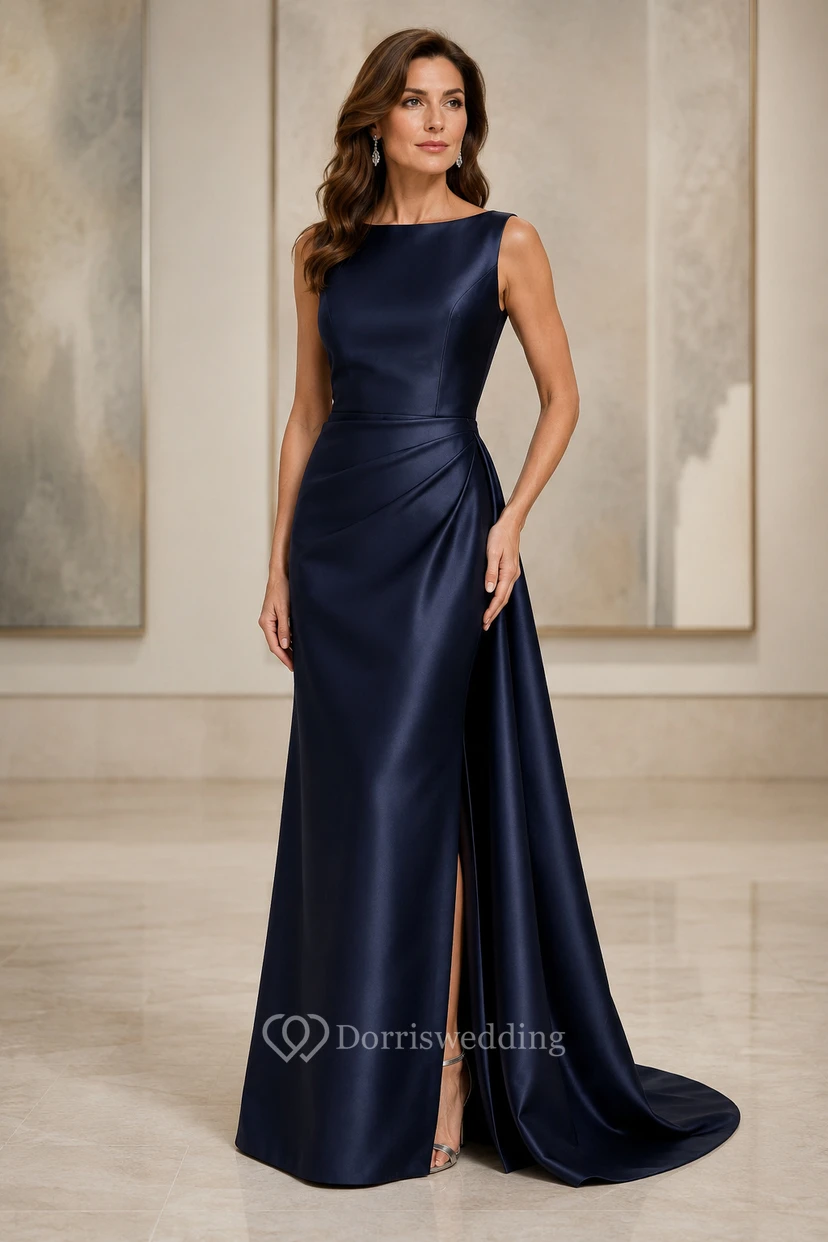 Evening Gown Dark Navy Satin Sheath Bateau Neck Sleeveless with Slit Sweep Train