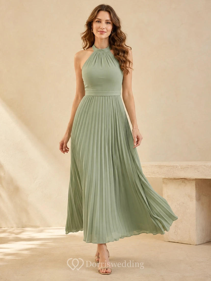 Sage Green Halter Sleeveless Pleated Chiffon Midi Dress