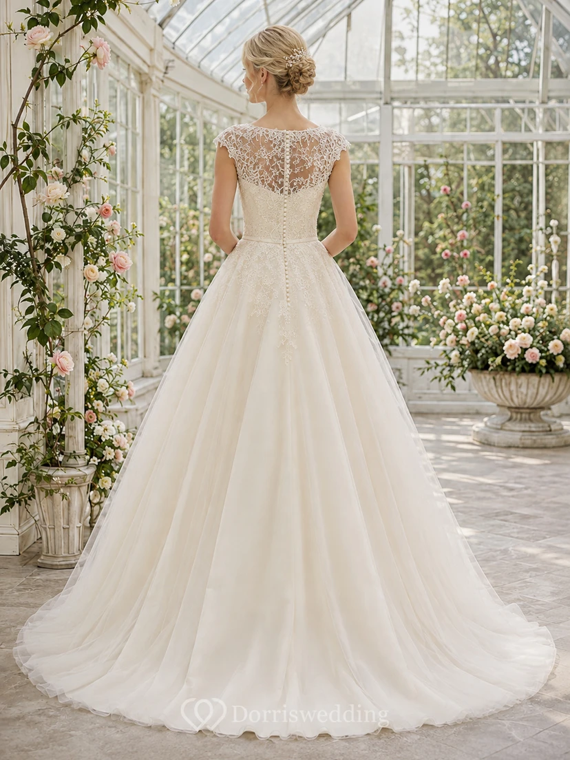 Robe de mariée romantique à traîne, décolleté en cœur, dentelle illusion et boutons en tulle, style bateau view 2
