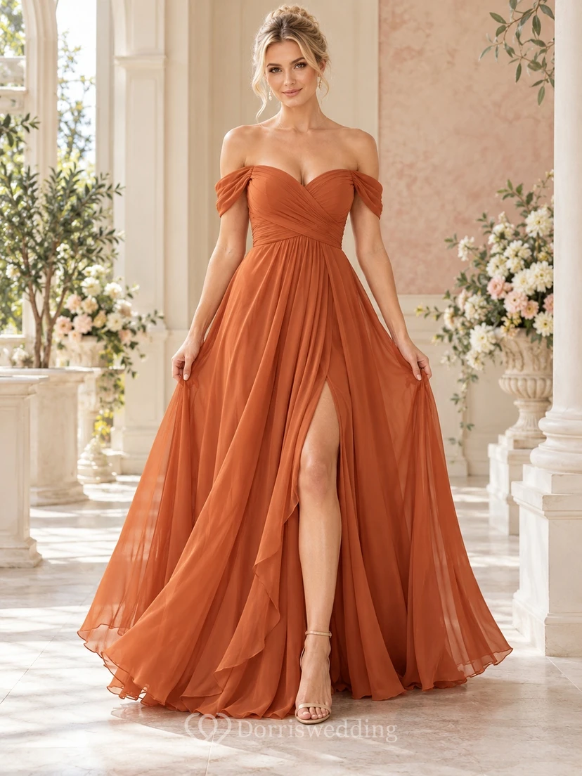 Burnt Orange Sweetheart Off Shoulder Chiffon Slit Evening Gown
