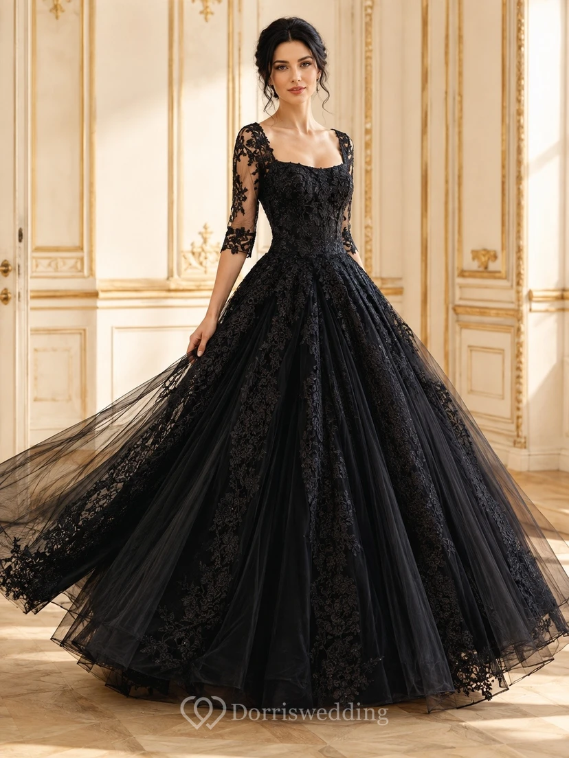 Black Romantic Luxury Square 3/4-Sleeve Lace-Tulle Tiered Ball-Gown Floor-Length Evening Dress