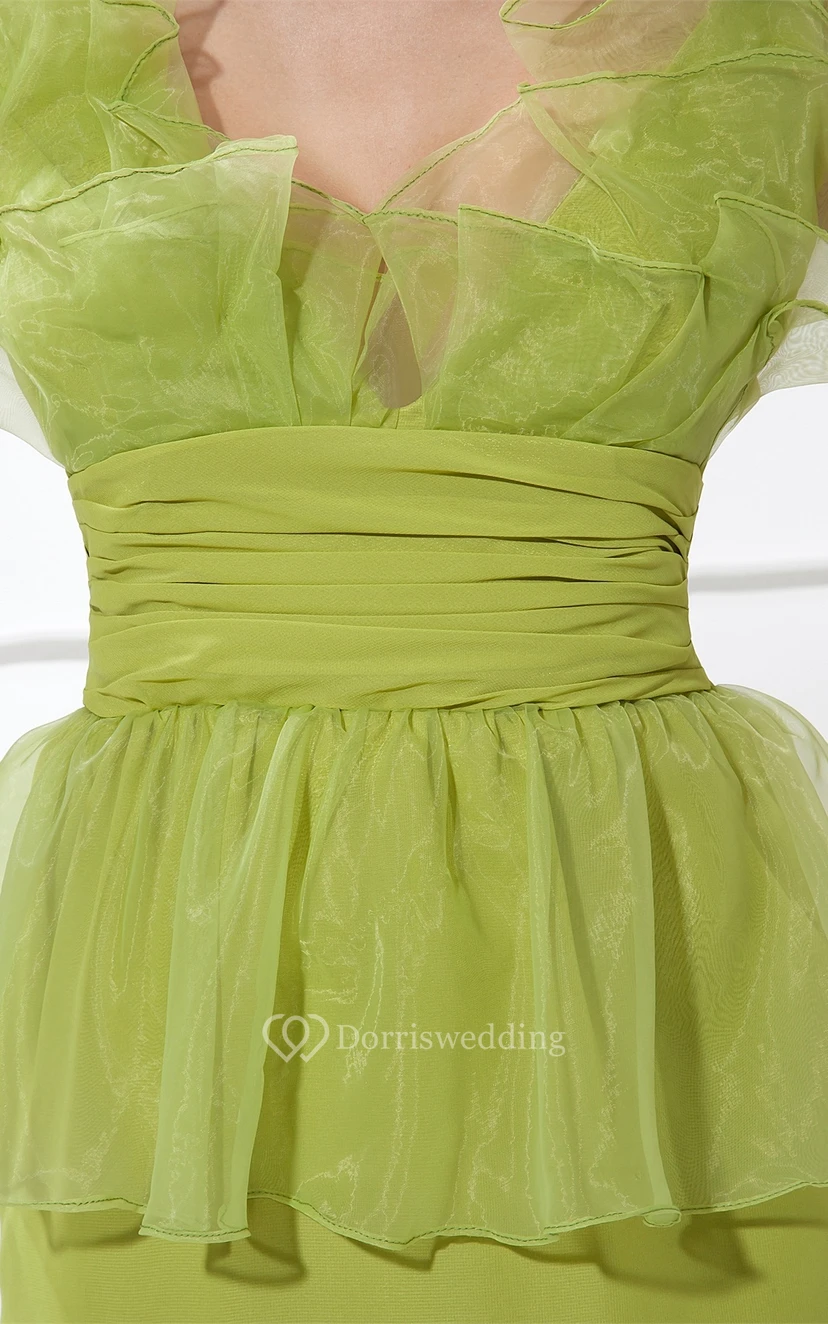 V-Neck Short Ruched Peplum and Dress With Ruffles