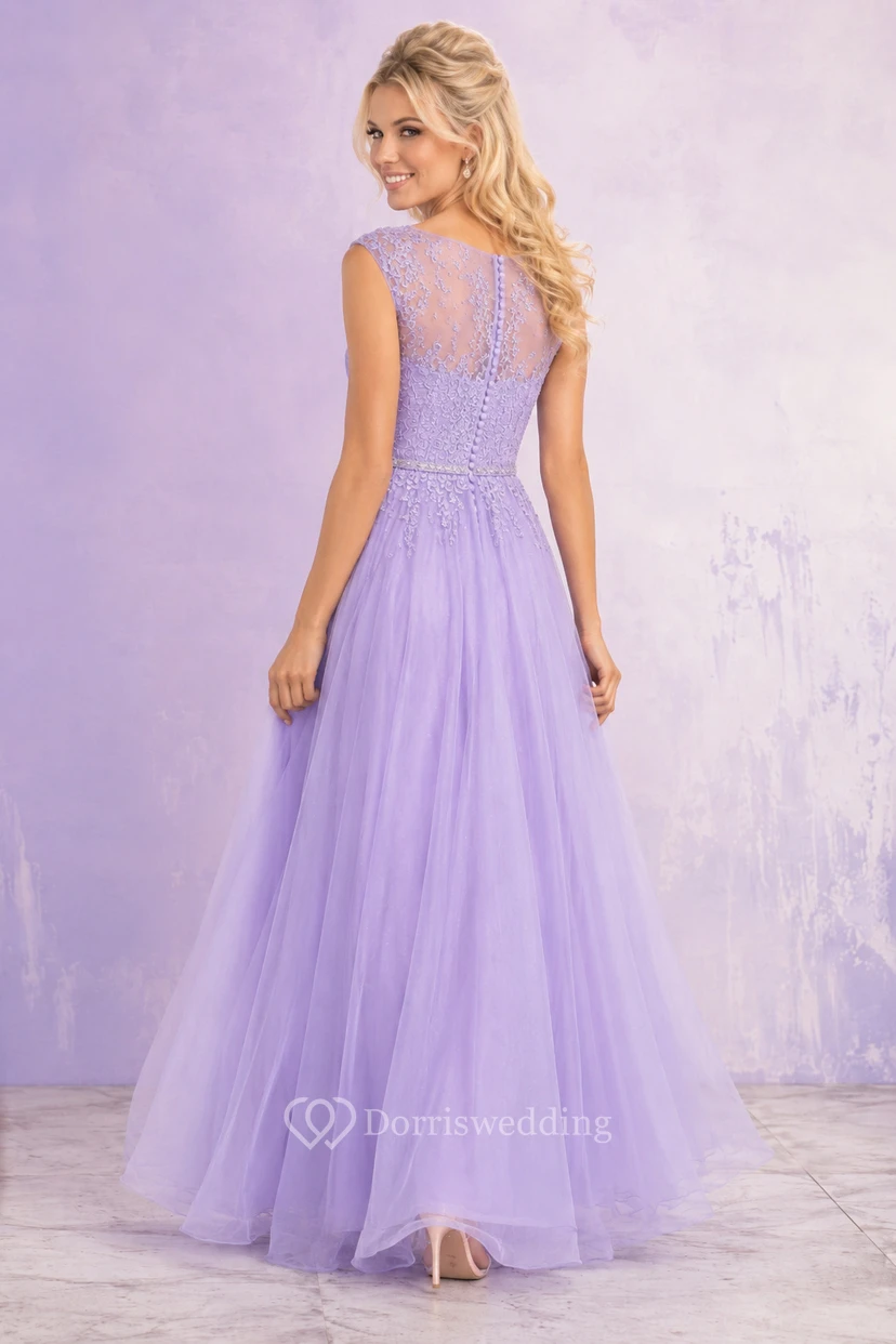 Lavender Tea Length Tulle A-Line Dress with Lace Bodice view 2