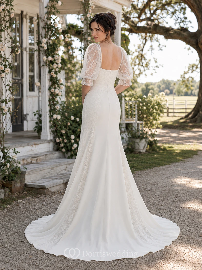 Robe de mariée sirène en satin, dos nu et dentelle, ornée d'un décolleté carré illusion mi-long, manches courtes et ourlet asymétrique, avec traîne chapelle. view 2