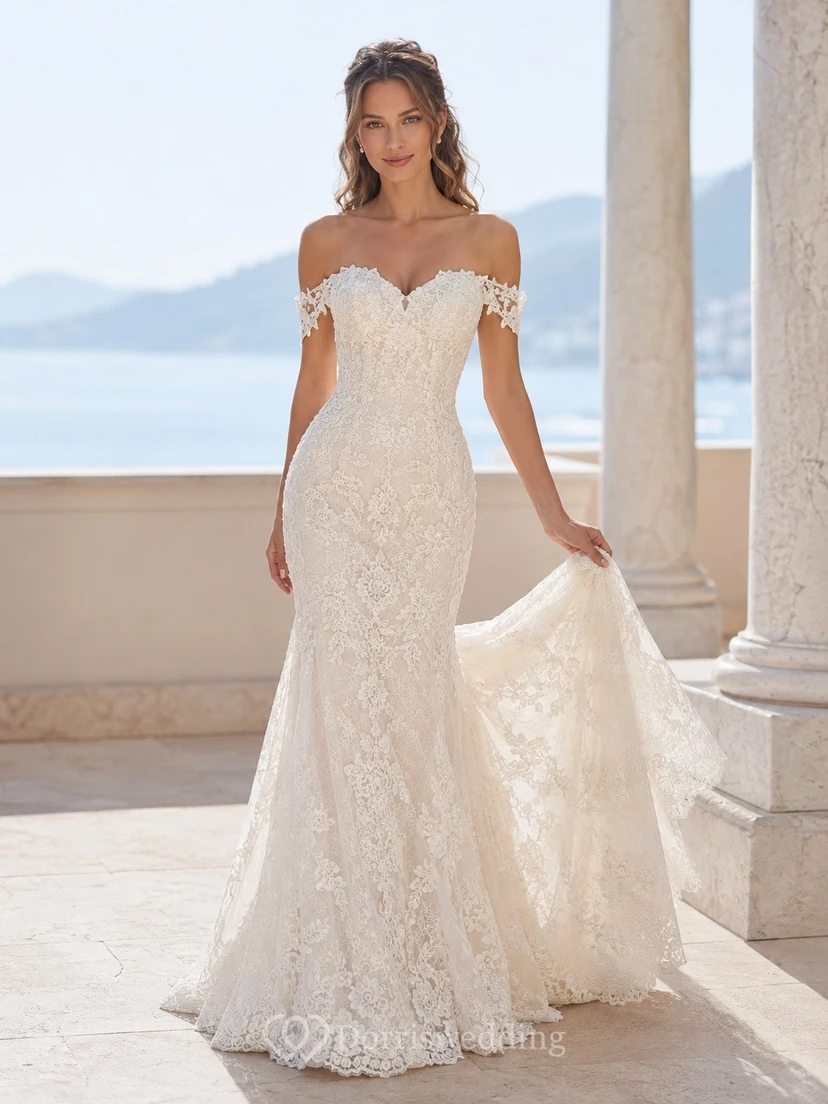 Lace Off-the-shoulder Mermaid Wedding Gown Sweep Train Dress
