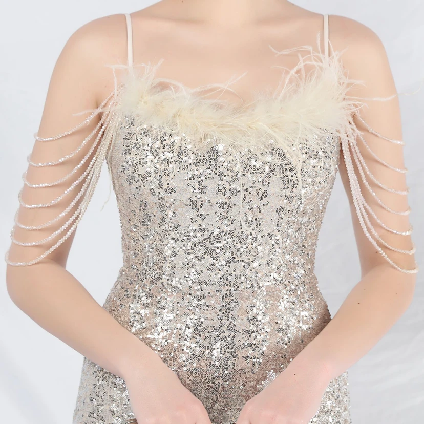 Craft Beaded Ostrich Feather Fantasy Sequined Long Evening Dress view 44