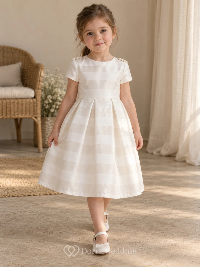 Robe de demoiselle d'honneur simple et modeste, blanche à rayures, arrivant au genou, manches courtes, épaules larges.