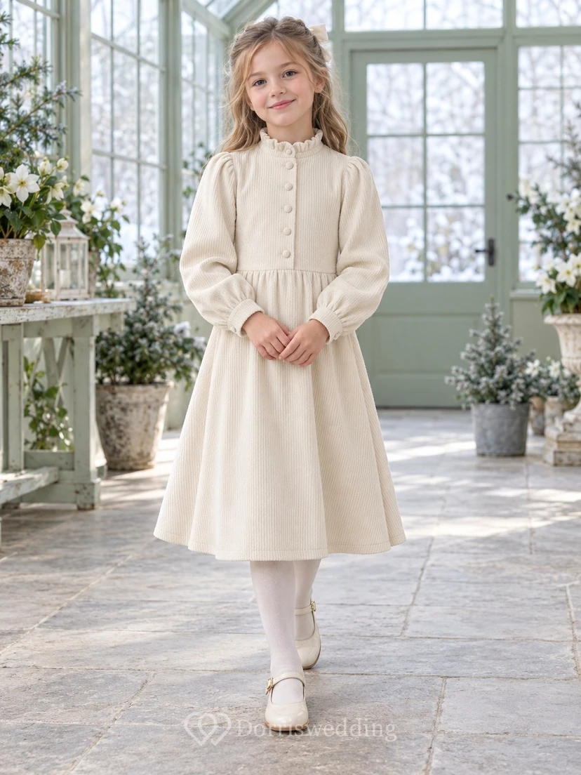 Cremefarbenes Cord-Blumenmädchenkleid mit hohem Kragen, langen Ärmeln und Knöpfen