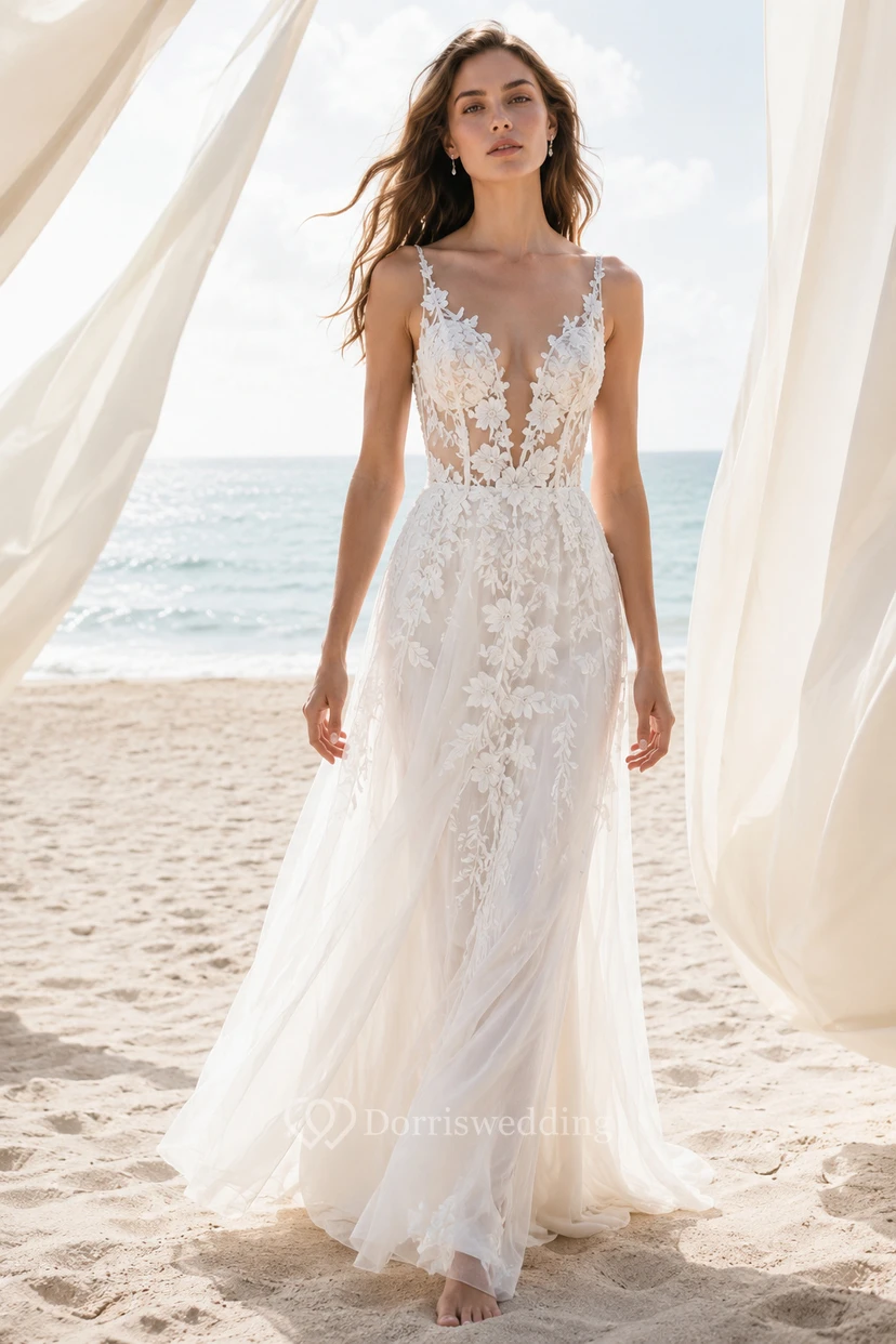 Robe de mariée de plage en dentelle, coupe trapèze, col en V et jupe en tulle