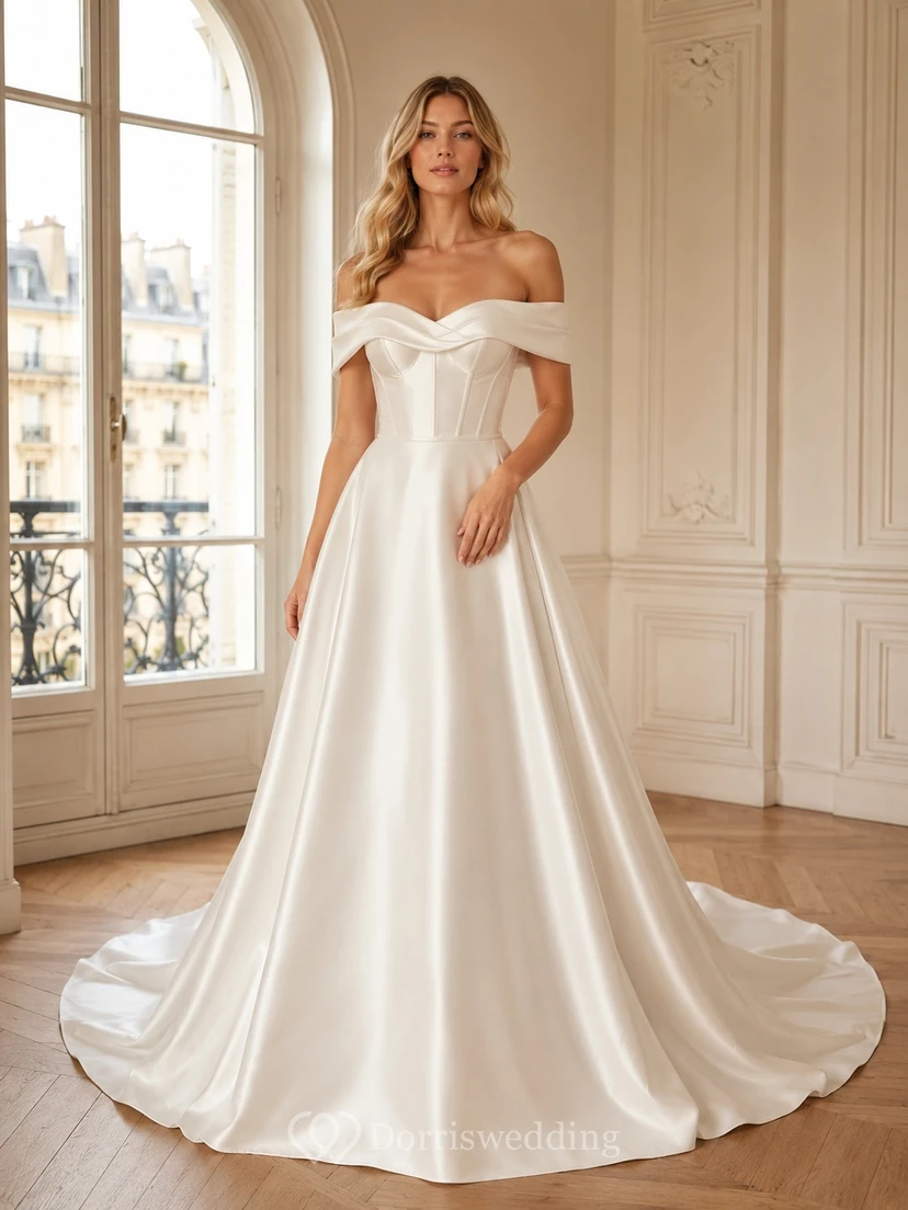 Modernes, elegantes, schulterfreies, ärmelloses A-Linien-Brautkleid aus Satin mit Schleppe