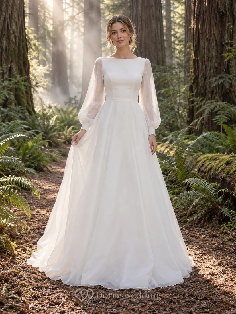 Vestido de novia sencillo de organza hasta el suelo, de corte A, con escote barco y botones, de manga larga.