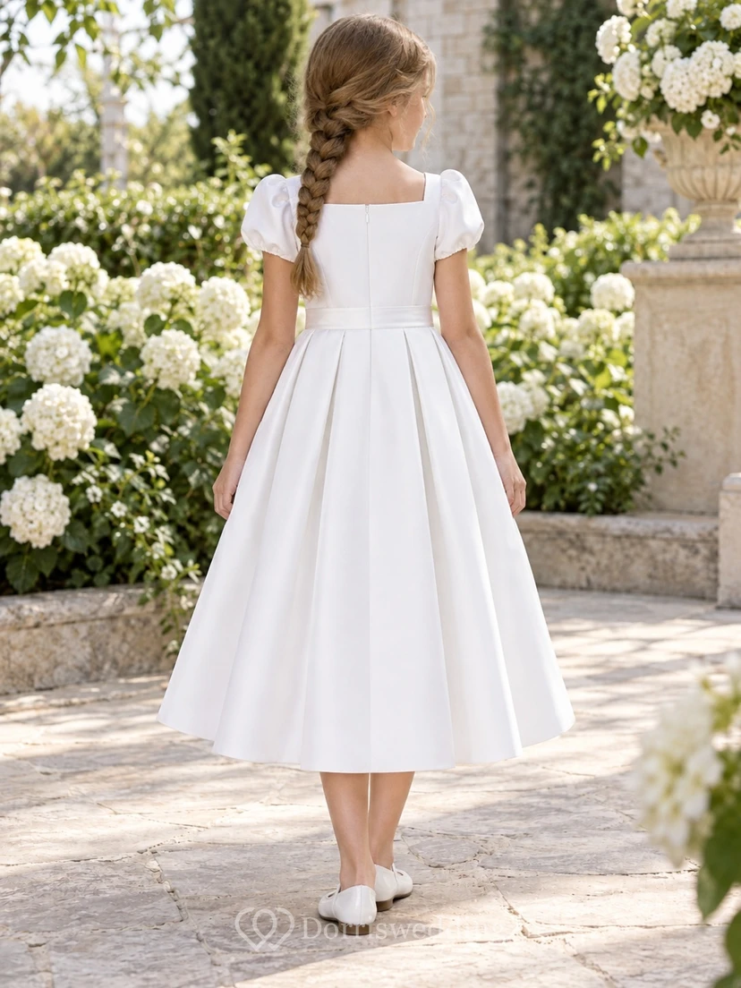 Modest Square Neck White Tea-length Puff Sleeve Pleated Satin Communion Dress view 2