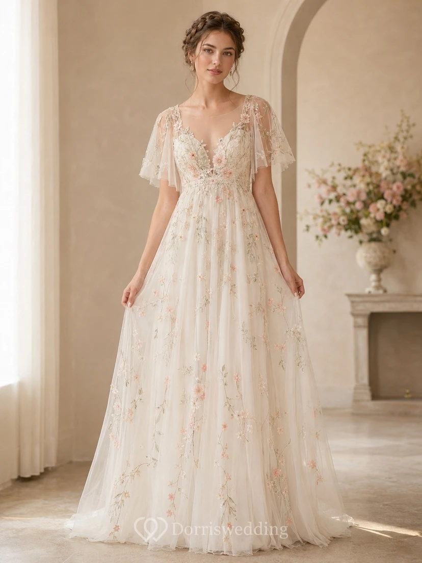 Vestido de novia romántico de encaje floral, corte en A, largo hasta el suelo, escote en V y mangas con pétalos.