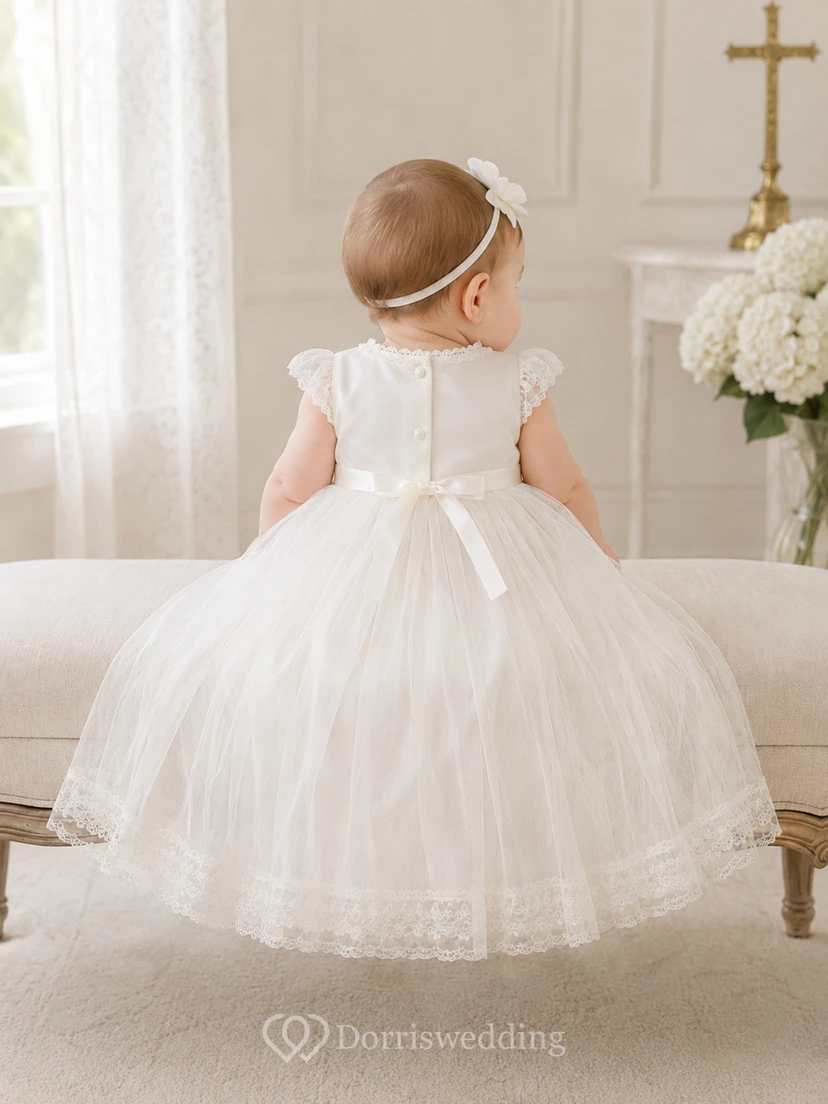 Cap Sleeve Baptism Dress A-Line Tulle Lace Jewel Neck Knee-Length view 2