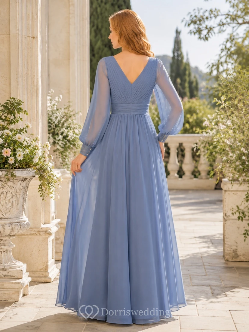 Slate Blue Long Poet Sleeve V-Neck Chiffon A-Line Floor-Length Formal Gown view 2