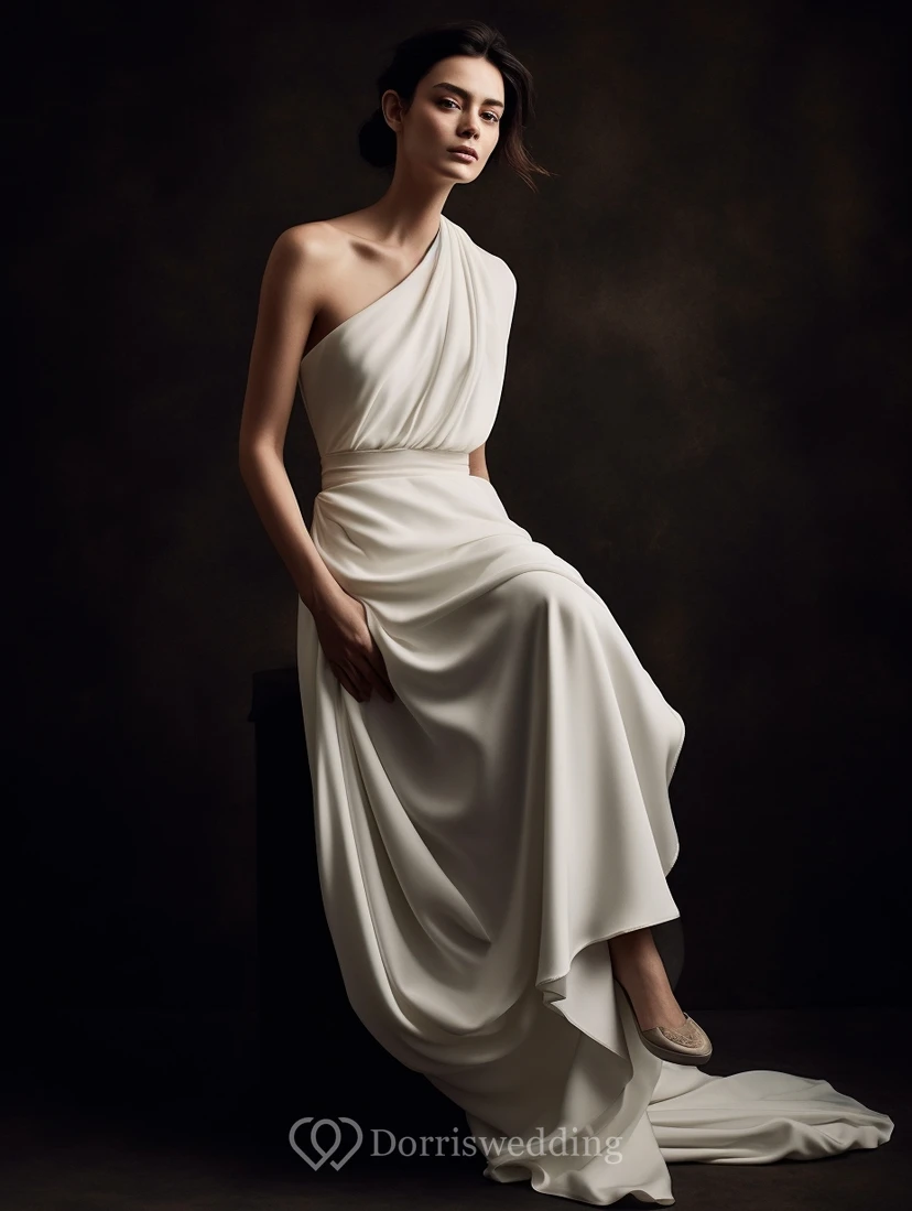 Robe asymétrique empire en mousseline de soie à une épaule, style grec