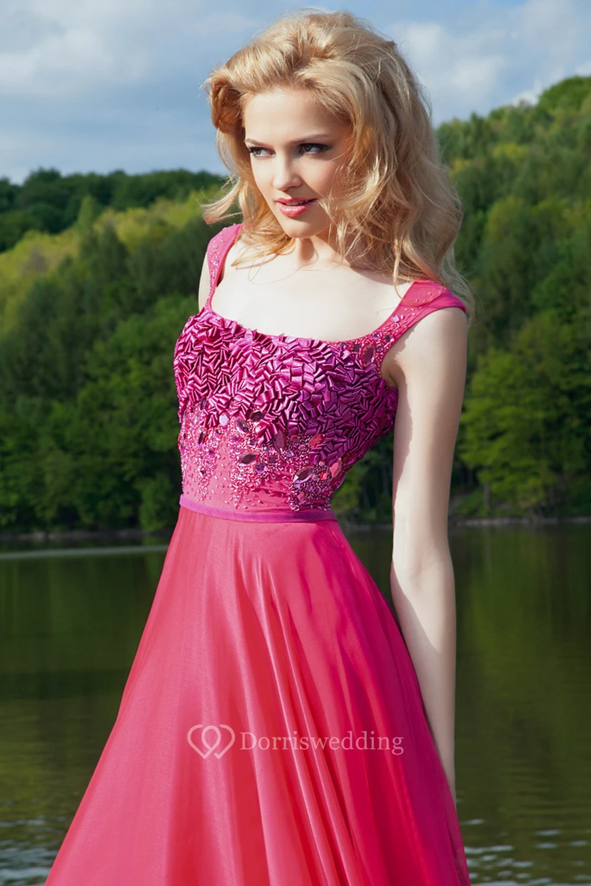 Crystal Cap-Sleeve Square-Neck Long Chiffon Prom Dress With Pleats view 2