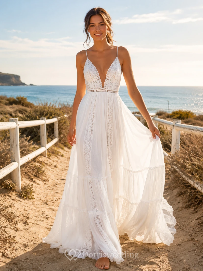 Boho Spaghetti Deep V Lace Tiered Chiffon A Line Sweep Beach Wedding Dress