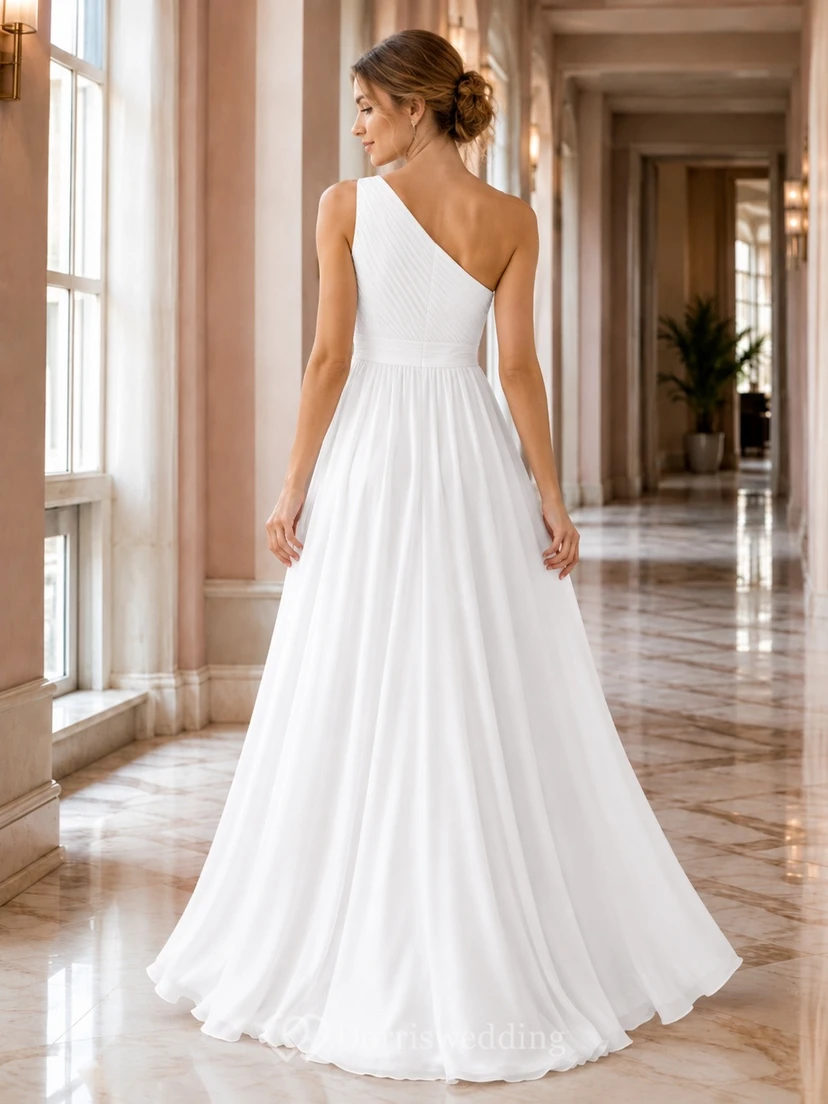 White One Shoulder Sleeveless Satin A Line Prom Dress view 2