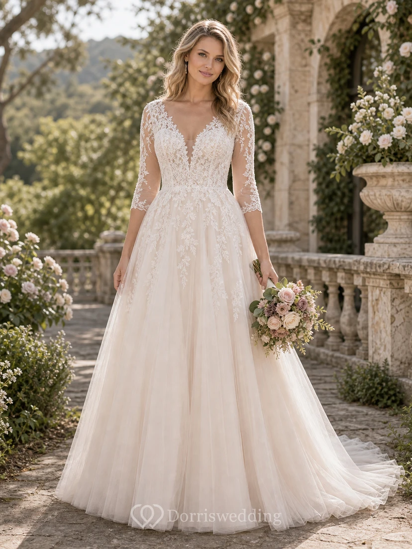 Elegante vestido de novia de corte A, largo hasta el suelo, con cola, mangas largas y apliques. view 3