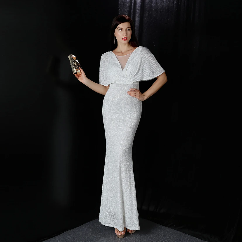 Elegantes Abendkleid mit Polyestergarn, Quasten, Pailletten und Fischschwanzsaum für Damen im Herbst