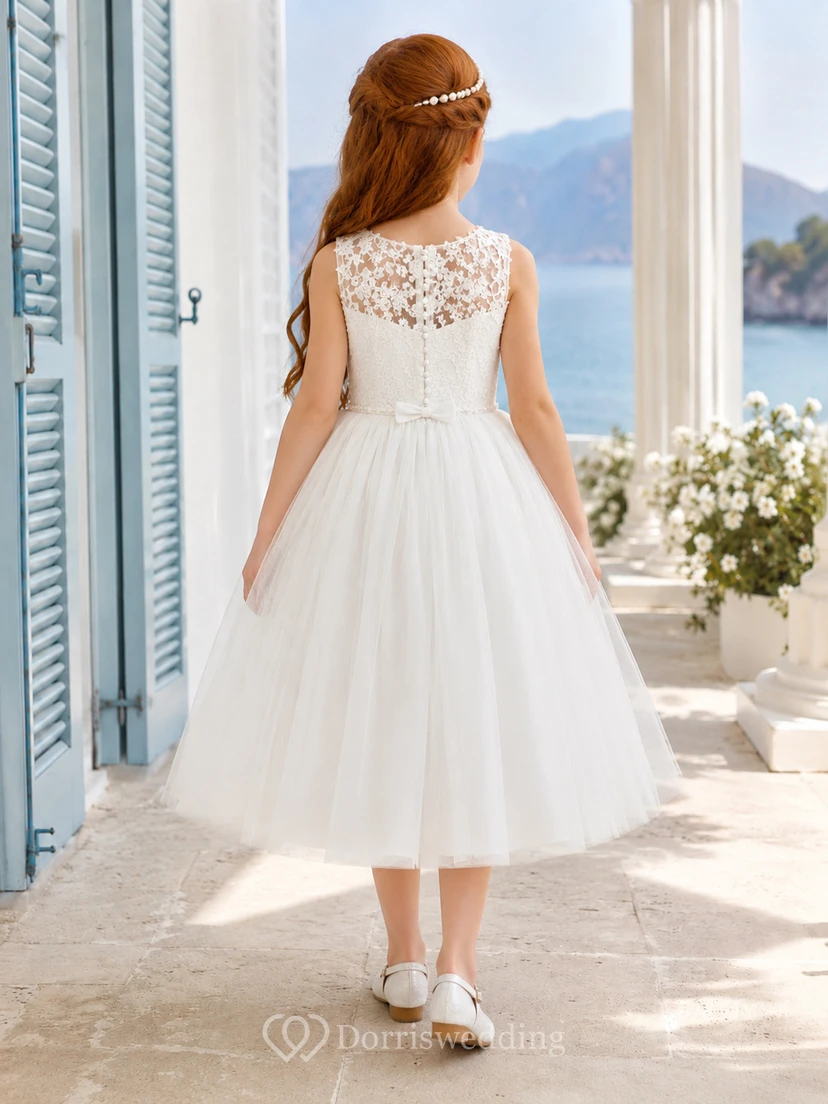 Flower Girl Dress Ivory Lace Tulle A-Line Jewel Neck Tea Length view 2