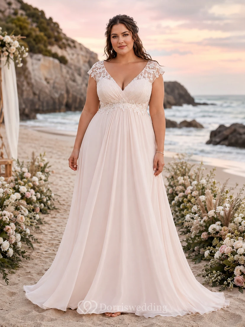 Plus Size Lace Bodice Chiffon Beach Wedding Dress
