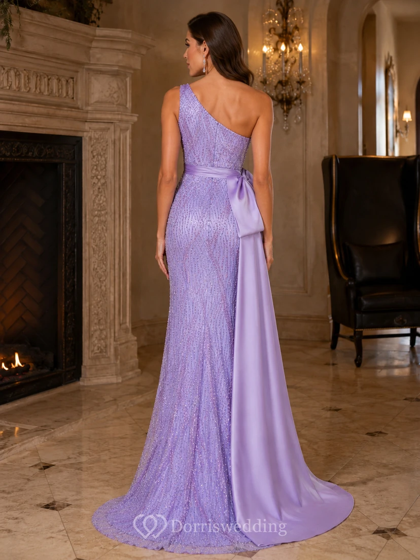 Lavender One Shoulder Rosette High Slit Evening Dress view 2